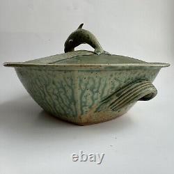 Pillers Clay Studio Art Pottery Dolphin Covered Bowl Dish Virginia USA Vtg Green