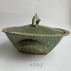 Pillers Clay Studio Art Pottery Dolphin Covered Bowl Dish Virginia USA Vtg Green