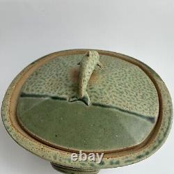 Pillers Clay Studio Art Pottery Dolphin Covered Bowl Dish Virginia USA Vtg Green