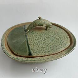 Pillers Clay Studio Art Pottery Dolphin Covered Bowl Dish Virginia USA Vtg Green