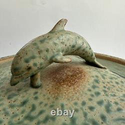 Pillers Clay Studio Art Pottery Dolphin Covered Bowl Dish Virginia USA Vtg Green