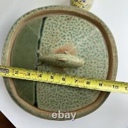 Pillers Clay Studio Art Pottery Dolphin Covered Bowl Dish Virginia USA Vtg Green