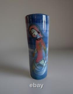 Pillin Studio Pottery Vintage Art Deco Hand Painted Women Fishing Vase 7-2.5