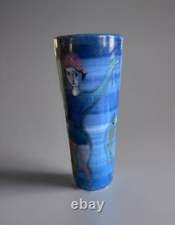 Pillin Studio Pottery Vintage Art Deco Hand Painted Women Fishing Vase 7-2.5