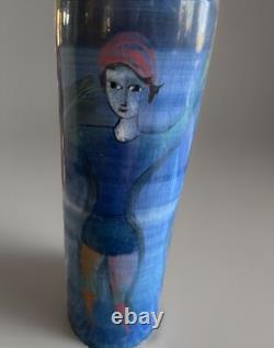 Pillin Studio Pottery Vintage Art Deco Hand Painted Women Fishing Vase 7-2.5