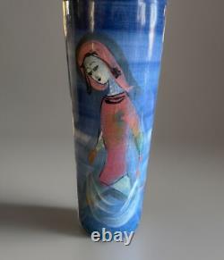 Pillin Studio Pottery Vintage Art Deco Hand Painted Women Fishing Vase 7-2.5