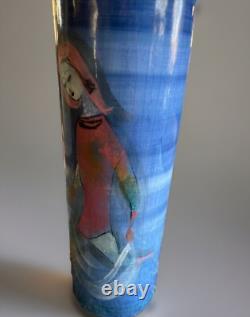 Pillin Studio Pottery Vintage Art Deco Hand Painted Women Fishing Vase 7-2.5