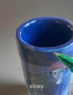 Pillin Studio Pottery Vintage Art Deco Hand Painted Women Fishing Vase 7-2.5