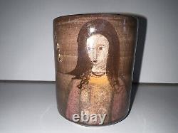 Polia Pillin signed folk art cermamic cup Polish Woman, Tree, Rooster