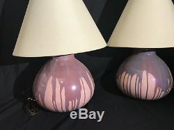 Pr Vintage 1980s American Studio Organic Art Pottery Drip Glaze Pink Lamps MCM
