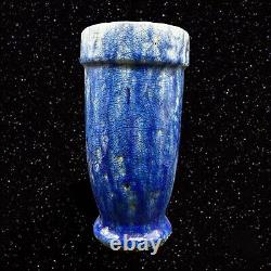 Primitive Raku Crackle Vase Blue White Art Pottery 9.75t 5w Vintage Decorative