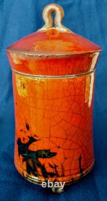 RAKU Art Pottery Bob Smith Sedona, AZ Lidded, 4 Footed, Pot, Fennel, Fine Work