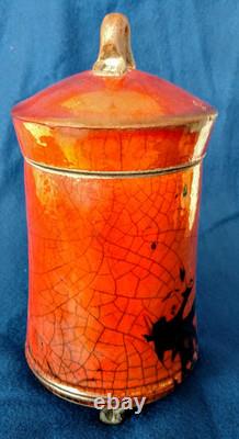 RAKU Art Pottery Bob Smith Sedona, AZ Lidded, 4 Footed, Pot, Fennel, Fine Work