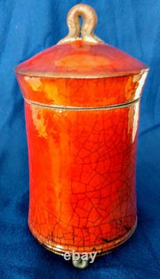 RAKU Art Pottery Bob Smith Sedona, AZ Lidded, 4 Footed, Pot, Fennel, Fine Work