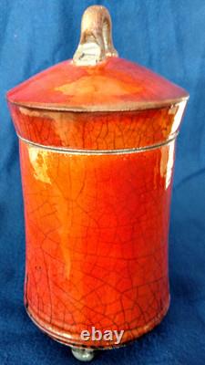 RAKU Art Pottery Bob Smith Sedona, AZ Lidded, 4 Footed, Pot, Fennel, Fine Work