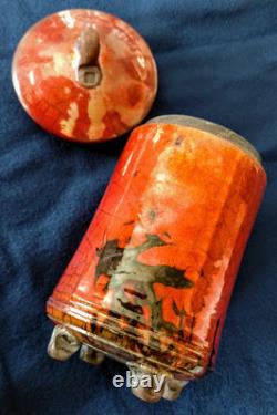 RAKU Art Pottery Bob Smith Sedona, AZ Lidded, 4 Footed, Pot, Fennel, Fine Work