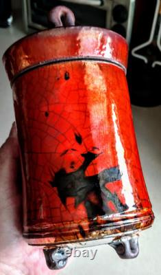 RAKU Art Pottery Bob Smith Sedona, AZ Lidded, 4 Footed, Pot, Fennel, Fine Work