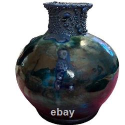 RAKU Pottery 5 Vase DICK McGEE Handmade Signed Art Copper Metal Drip Glaze VTG