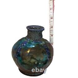 RAKU Pottery 5 Vase DICK McGEE Handmade Signed Art Copper Metal Drip Glaze VTG