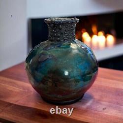 RAKU Pottery 5 Vase DICK McGEE Handmade Signed Art Copper Metal Drip Glaze VTG