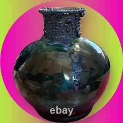 RAKU Pottery 5 Vase DICK McGEE Handmade Signed Art Copper Metal Drip Glaze VTG