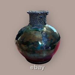 RAKU Pottery 5 Vase DICK McGEE Handmade Signed Art Copper Metal Drip Glaze VTG