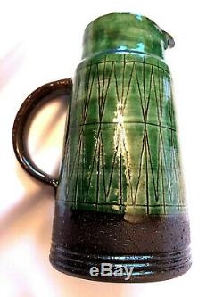 RARE Dark Green VTG MCM Danish Studio Pottery Pitcher Vase THOMAS TOFT TT 7.75IN