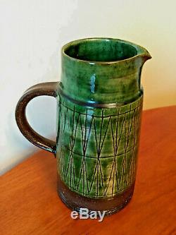 RARE Dark Green VTG MCM Danish Studio Pottery Pitcher Vase THOMAS TOFT TT 7.75IN