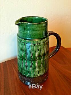 RARE Dark Green VTG MCM Danish Studio Pottery Pitcher Vase THOMAS TOFT TT 7.75IN