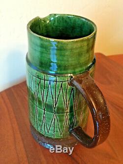 RARE Dark Green VTG MCM Danish Studio Pottery Pitcher Vase THOMAS TOFT TT 7.75IN