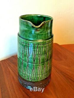 RARE Dark Green VTG MCM Danish Studio Pottery Pitcher Vase THOMAS TOFT TT 7.75IN