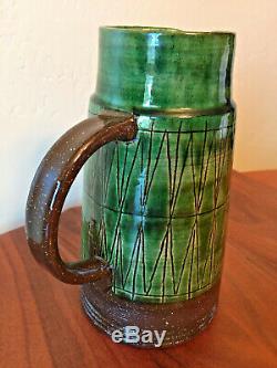 RARE Dark Green VTG MCM Danish Studio Pottery Pitcher Vase THOMAS TOFT TT 7.75IN