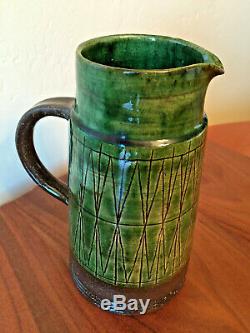 RARE Dark Green VTG MCM Danish Studio Pottery Pitcher Vase THOMAS TOFT TT 7.75IN