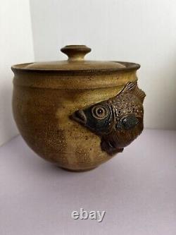 RARE Vintage 1981 Studio Art Pottery Bean Pot Lidded With Fish Bowl Signed