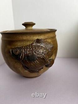 RARE Vintage 1981 Studio Art Pottery Bean Pot Lidded With Fish Bowl Signed