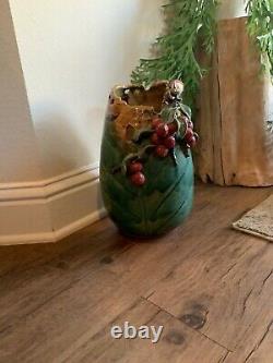 RARE Vintage Mann MM Studio Art Pottery Vase Applied Bird & Fruit, 12 1/2