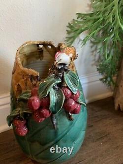 RARE Vintage Mann MM Studio Art Pottery Vase Applied Bird & Fruit, 12 1/2
