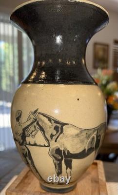 RARE Vintage Unique Artisan Studio Art Pottery Vase Black Horse Scene Signed