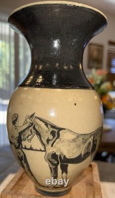 RARE Vintage Unique Artisan Studio Art Pottery Vase Black Horse Scene Signed
