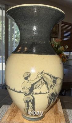 RARE Vintage Unique Artisan Studio Art Pottery Vase Black Horse Scene Signed