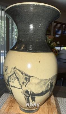 RARE Vintage Unique Artisan Studio Art Pottery Vase Black Horse Scene Signed