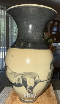 RARE Vintage Unique Artisan Studio Art Pottery Vase Black Horse Scene Signed