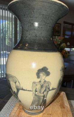 RARE Vintage Unique Artisan Studio Art Pottery Vase Black Horse Scene Signed