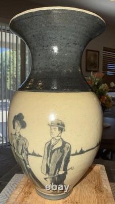 RARE Vintage Unique Artisan Studio Art Pottery Vase Black Horse Scene Signed
