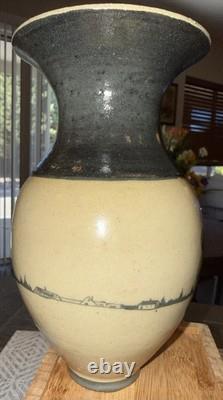 RARE Vintage Unique Artisan Studio Art Pottery Vase Black Horse Scene Signed
