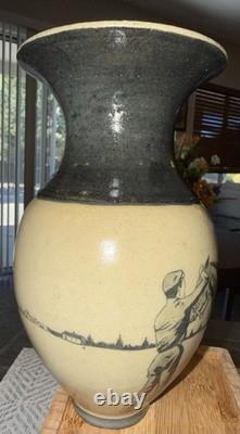 RARE Vintage Unique Artisan Studio Art Pottery Vase Black Horse Scene Signed