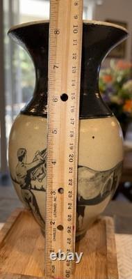 RARE Vintage Unique Artisan Studio Art Pottery Vase Black Horse Scene Signed