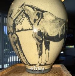 RARE Vintage Unique Artisan Studio Art Pottery Vase Black Horse Scene Signed