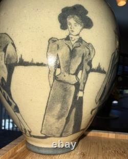 RARE Vintage Unique Artisan Studio Art Pottery Vase Black Horse Scene Signed