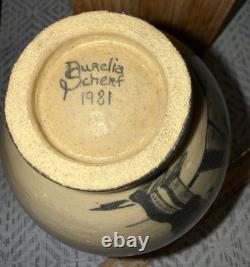 RARE Vintage Unique Artisan Studio Art Pottery Vase Black Horse Scene Signed